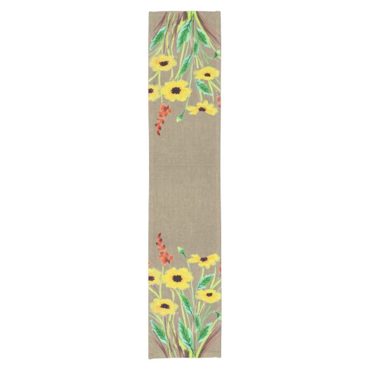 Aquarellgelbe Blumen auf Burlap Kurzer Tischläufer (Vorderseite)