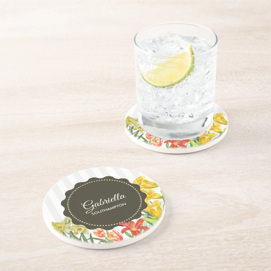 Aquarellgelbe Orangenfrühlingsblumen Getränkeuntersetzer (Seite)