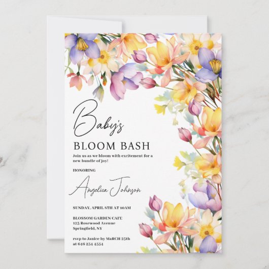 Aquarellgelbe Periwinkle-Blume Kinderdusche Einladung (Vorderseite)