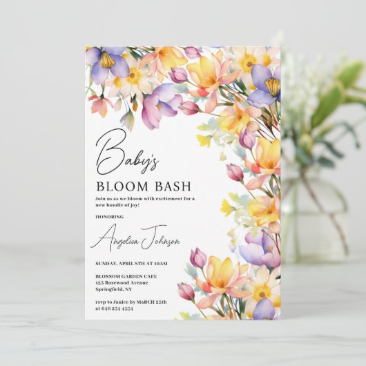 Aquarellgelbe Periwinkle-Blume Kinderdusche Einladung (Stehend Vorderseite)