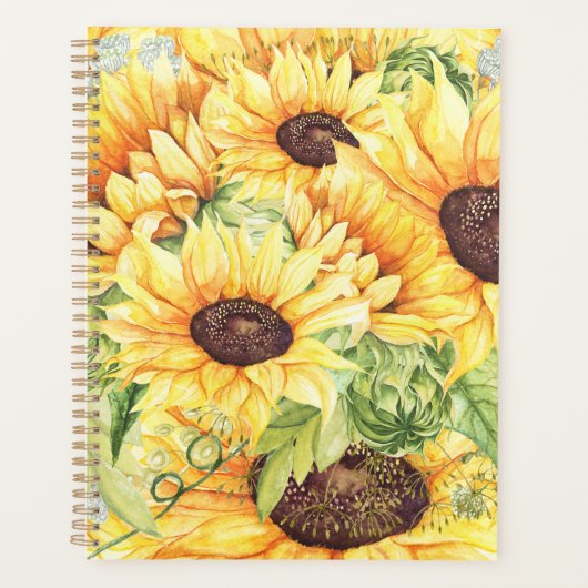 Aquarellgelbe Sonnenblumen Grünpflanzen Planer (Vorderseite)