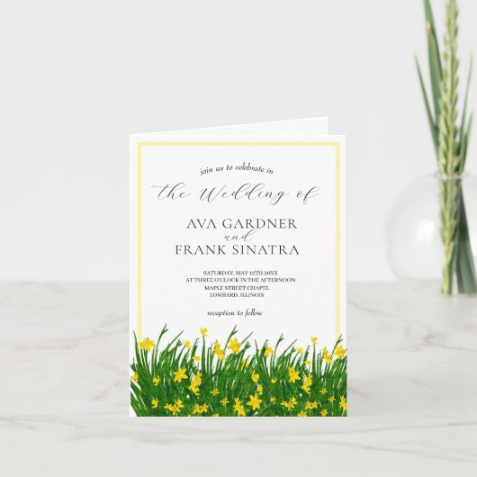 Aquarellgelber Blumengarten mit Foto Hochzeit Einladung (Vorderseite)