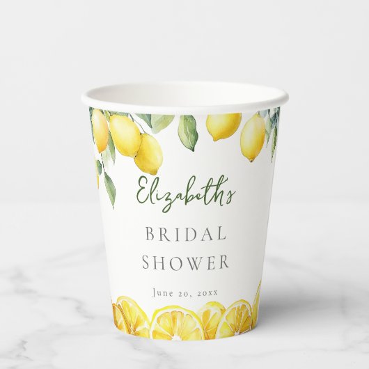 Aquarellgelber Zitronenfrüchte Brautparty Pappbecher (Rückseite)