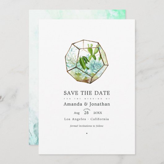 Aquarellglas Terrarium Succulents Wedding Save The Date (Vorne/Hinten)