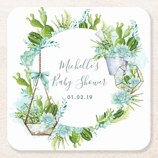 Aquarellglasterrarium Succulents Babydusche Rechteckiger Pappuntersetzer (Vorderseite)