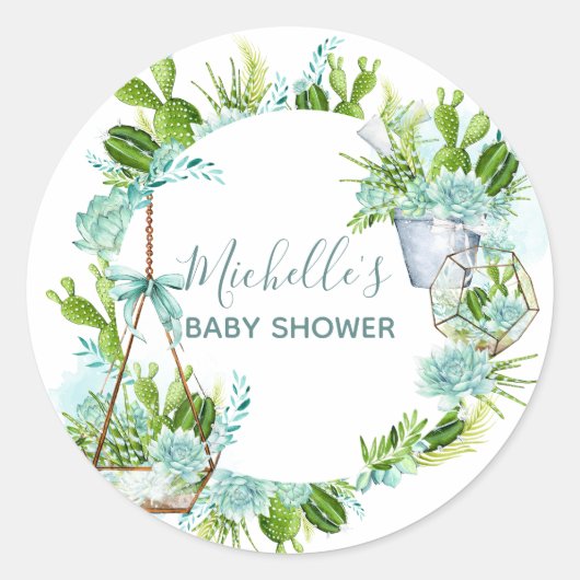 Aquarellglasterrarium Succulents Babydusche Runder Aufkleber (Vorderseite)