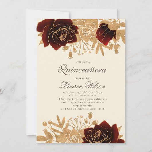 Aquarellgold Rose Quinceanera Qrcode Einladung (Vorderseite)