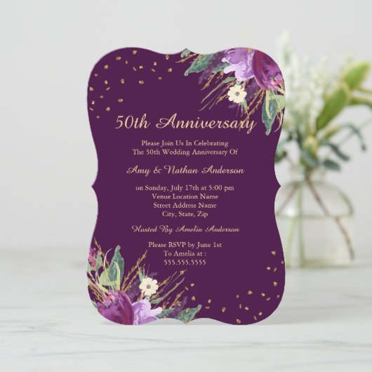 Aquarellgolden Lila Blume 50 Jahre Einladung (Stehend Vorderseite)
