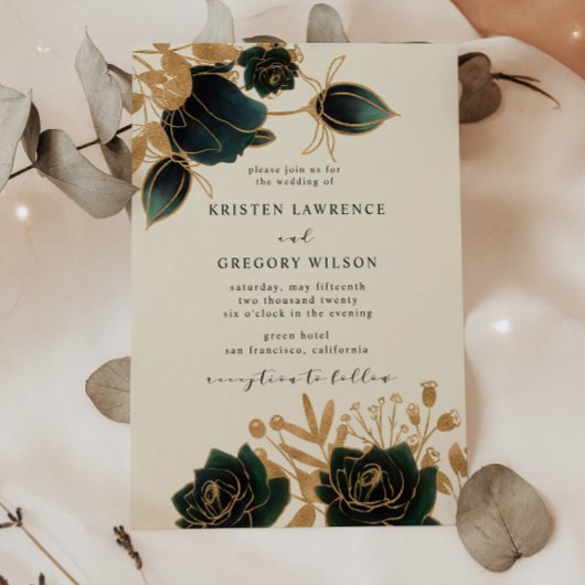 Aquarellgolden und grüne Rose zum Hochzeitsfeiern Einladung