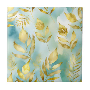 Aquarellgoldfarben-Blätter auf weichblauem Hinterg Fliese