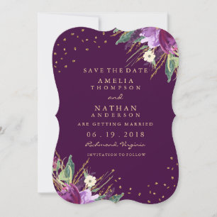 Aquarellgoldfarben - Lila Blume Save the Date