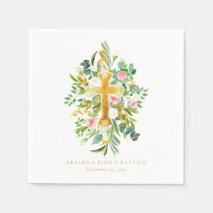 Aquarellgoldkreuz Rosa Taufe Serviette