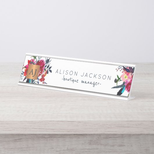 Aquarellgoldkupfer in Roter See mit Monogramm Schreibtischnamensplakette (Vorderseite )