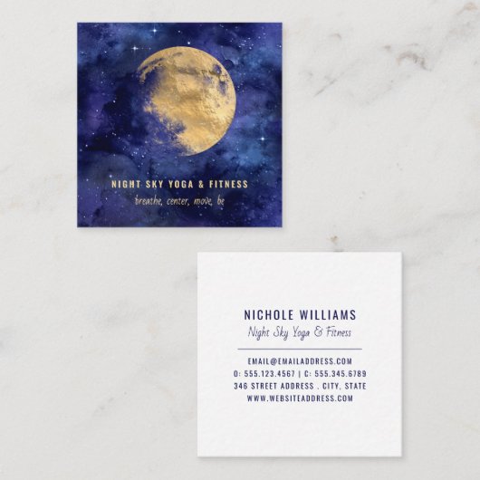 Aquarellgoldmoon Navy Blue Night Sky Nebel Quadratische Visitenkarte (Vorne/Hinten)