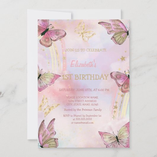 Aquarellgoldschmetterlinge Regenbogen Geburtstag Einladung (Vorderseite)