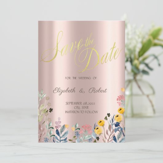 Aquarellgras Wildblume Rose Gold Save The Date (Stehend Vorderseite)