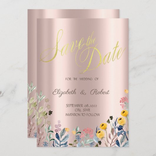 Aquarellgras Wildblume Rose Gold Save The Date (Vorne/Hinten)