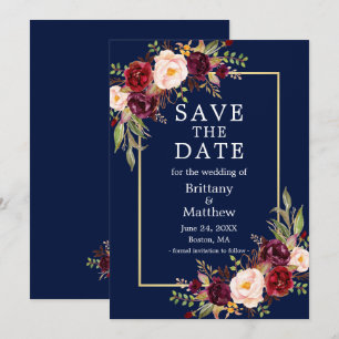 Aquarellgrauen Rose Blue Gold Frame Save The Date