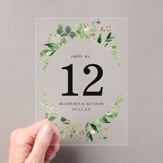 Aquarellgrün Akryllische Hochzeitsfeier Tischnumme Acryleinladungen (Insitu (Handheld))