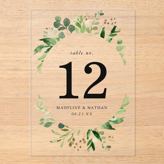 Aquarellgrün Akryllische Hochzeitsfeier Tischnumme Acryleinladungen (Vorderseite)