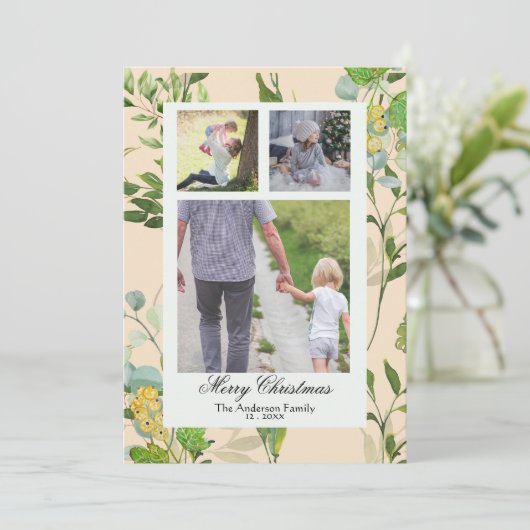 Aquarellgrün & Beeren 3 Foto Weihnachten (Stehend Vorderseite)