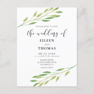Aquarellgrün Blätter Einladung zur Hochzeit Postkarte