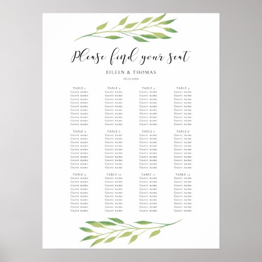 Aquarellgrün Blätter Hochzeitsstichtabelle Poster (Vorne)
