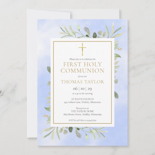 Aquarellgrün Blauer Erste Heilige Kommune Einladung (Vorderseite)