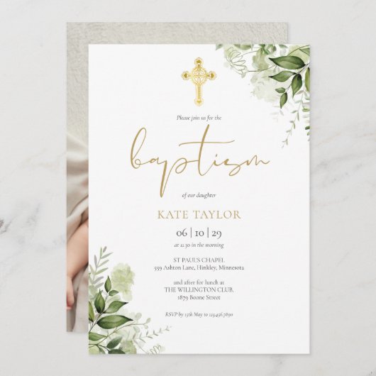 Aquarellgrün Blumengoldtaufen Foto Einladung (Vorne/Hinten)