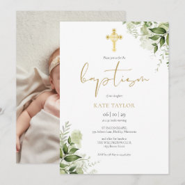 Aquarellgrün Blumengoldtaufen Foto Einladung