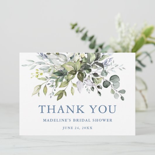 Aquarellgrün Dusty Blue Brautparty Dankeskarte (Stehend Vorderseite)