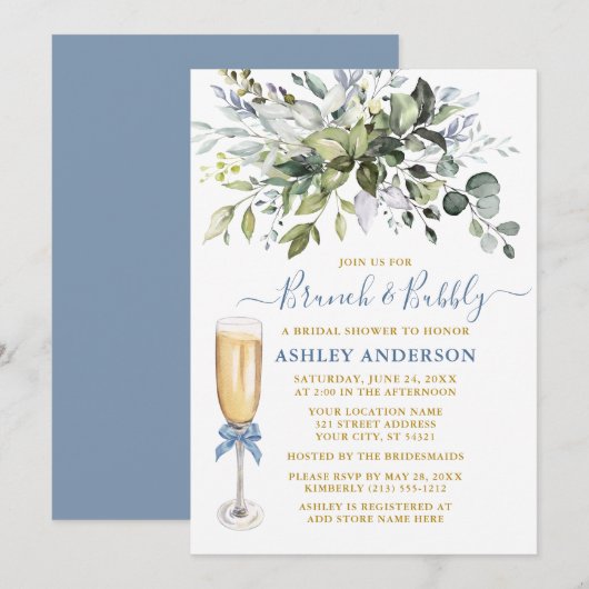 Aquarellgrün Dusty Blue Brunch Bubbly Einladung (Vorne/Hinten)