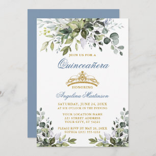 Aquarellgrün Dusty Blue Gold Quinceñera Einladung