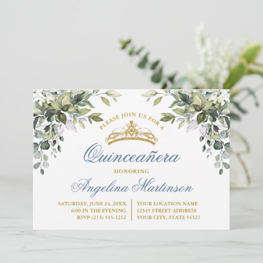 Aquarellgrün Dusty Blue Quinceanera Party Einladung (Stehend Vorderseite)