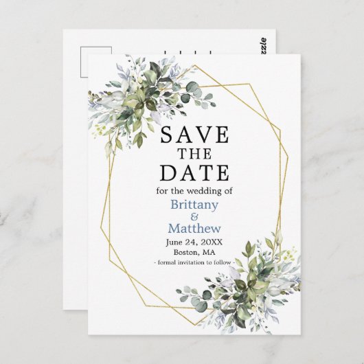 Aquarellgrün Dusty Blue Save the Date Postkarte (Vorne/Hinten)