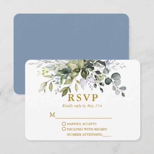 Aquarellgrün Dusty Blue Wedding Gold RSVP Karte (Vorne/Hinten)