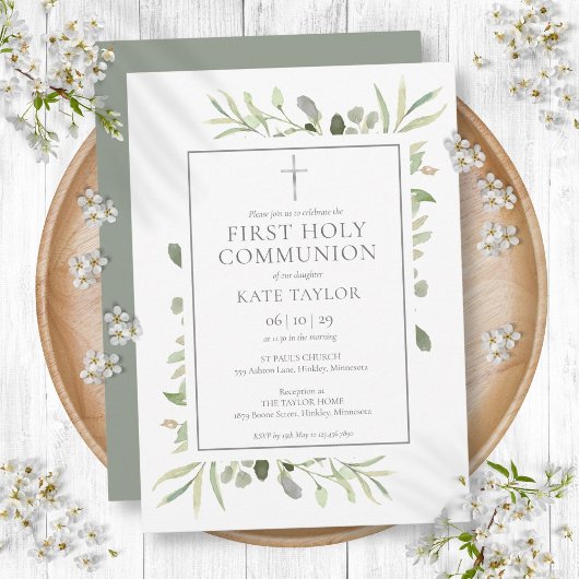 Aquarellgrün Erste Heilige Kommunion Einladung