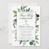 Aquarellgrün Erste Heilige Kommunion Silver Einladung (Vorderseite)