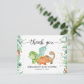 Aquarellgrün Floral Gold Confetti Dinosaurier Dankeskarte (Stehend Vorderseite)