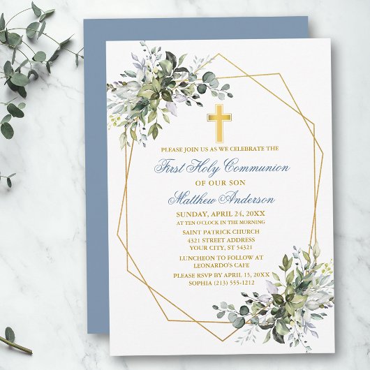 Aquarellgrün Geo Frame Dusty Blue Communion Einladung