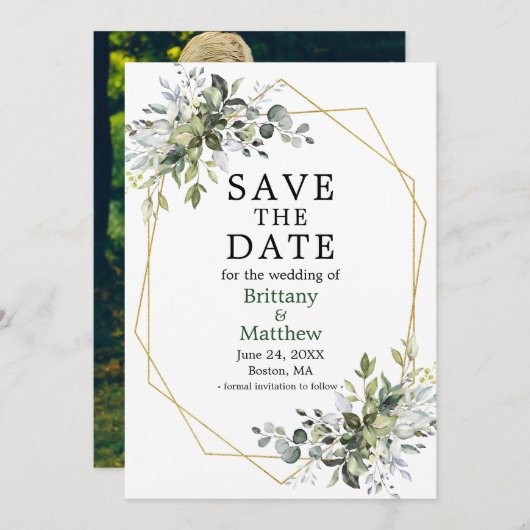 Aquarellgrün Gold Geo Frame Foto grün Save The Date (Vorne/Hinten)