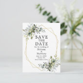 Aquarellgrün Gold Geo Frame Save the Date Postkarte (Stehend Vorderseite)