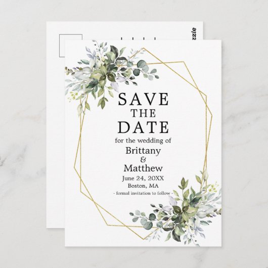 Aquarellgrün Gold Geo Frame Save the Date Postkarte (Vorne/Hinten)