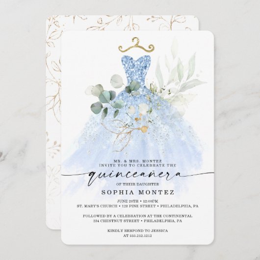 Aquarellgrün Gold Quinceñera Birthday Invi Einladung (Vorne/Hinten)