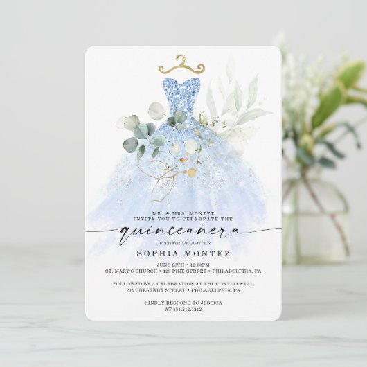 Aquarellgrün Gold Quinceñera Birthday Invi Einladung (Stehend Vorderseite)