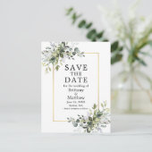 Aquarellgrün mit Goldrahmen Save the Date Postkarte (Stehend Vorderseite)