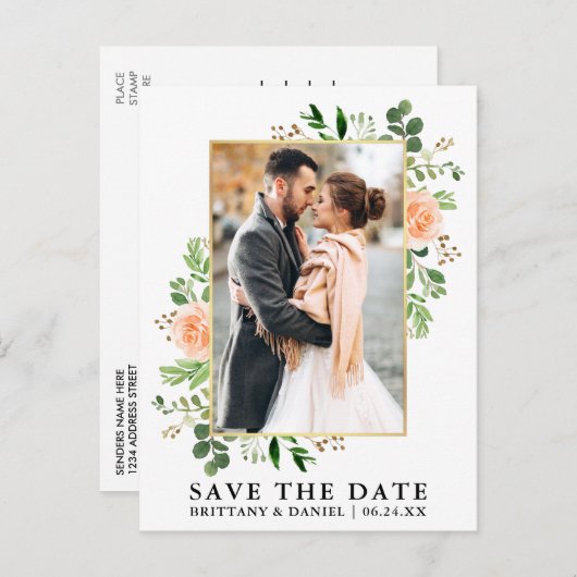 Aquarellgrün Peach Rose Save the Date Postkarte (Vorne/Hinten)