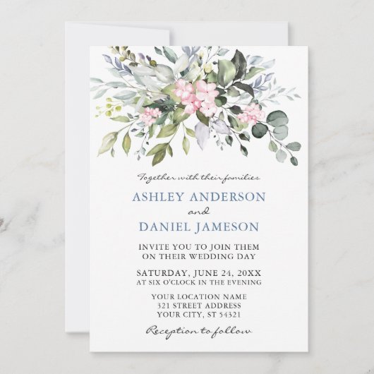 Aquarellgrün Pink Dusty Blue Wedding Einladung (Vorderseite)