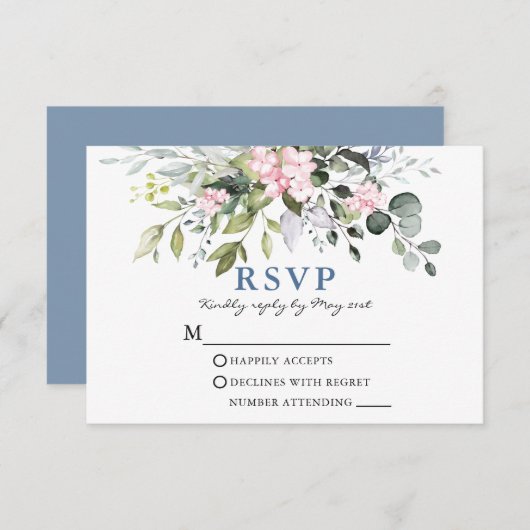Aquarellgrün Pink Dusty Blue Wedding RSVP Karte (Vorne/Hinten)