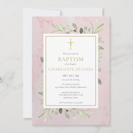 Aquarellgrün Pink Taufe Christening Einladung (Vorderseite)